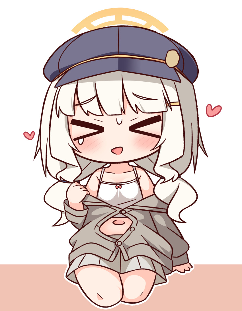 &gt;_&lt; 1girl :d aoba_(blue_archive) bare_shoulders blue_archive blue_hat blush cabbie_hat camisole chibi closed_eyes collarbone facing_viewer full_body grey_hair grey_jacket grey_skirt hair_ornament hairclip halo hana_kazari hand_up hat heart highres jacket long_hair navel off_shoulder open_mouth outline pleated_skirt seiza simple_background sitting skirt smile solo sweat white_background white_camisole white_outline xd