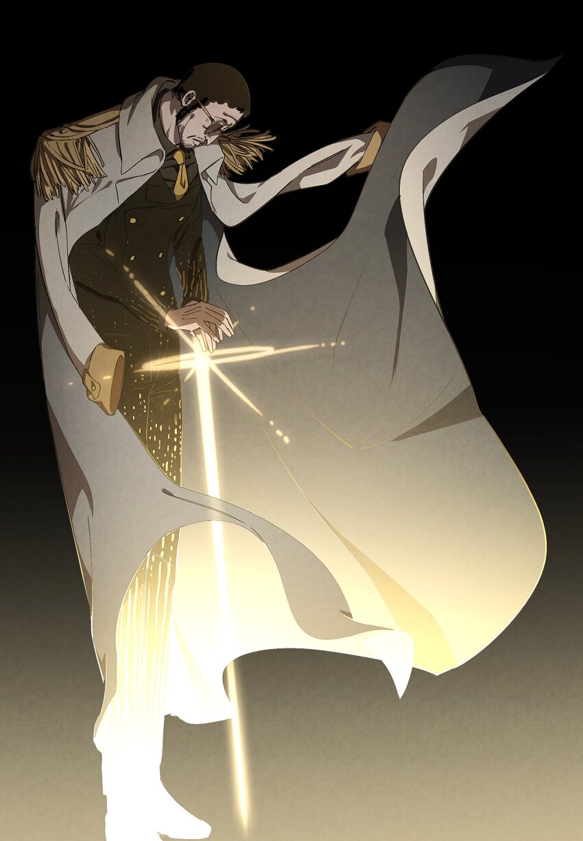 1boy 6cheetah absurdres beard_stubble black_background black_hair borsalino_(kizaru) coat coat_on_shoulders epaulettes facial_hair formal_clothes full_body highres male_focus necktie one_piece profile short_hair simple_background solo stubble suit sunglasses white_coat yellow_necktie
