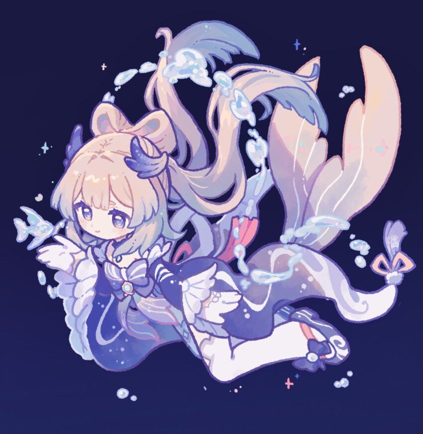 1girl arm_at_side back_ribbon blue_background blue_brooch blue_hair bow bow-shaped_hair c: center-flap_bangs chest_bow chinese_commentary choker colored_tips commentary_request deformed dot_nose double-parted_bangs fin_hair_ornament fish floating floating_hair footwear_bow frilled_choker frilled_kimono frilled_sleeves frills genshin_impact gloves gradient_clothes gradient_kimono hair_ornament hand_up harukui high-low_skirt highres japanese_clothes kimono light_blush long_hair looking_ahead multicolored_hair off_shoulder open_hands pink_ribbon purple_bow purple_choker purple_eyes purple_kimono purple_ribbon purple_sandals ribbon sandals sangonomiya_kokomi simple_background smile solo sparkle tassel thighhighs three_quarter_view very_long_hair water water_drop white_gloves white_kimono white_thighhighs zouri
