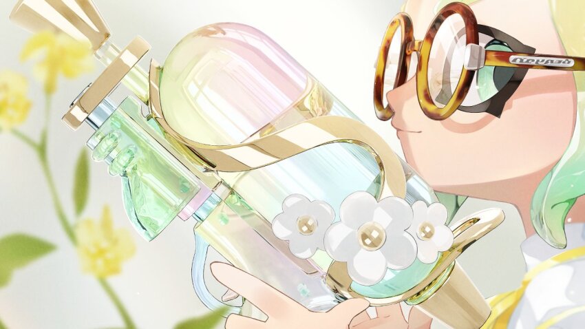 1girl blonde_hair closed_mouth collared_shirt commentary english_commentary eyelashes flower glasses gradient_hair green_eyes green_hair grey_background gun high_collar holding holding_gun holding_weapon inkling_girl inkling_player_character itiya1412 looking_at_viewer mixed-language_commentary multicolored_hair neck_ribbon nintendo paint_gun ribbon round_eyewear shirt smile solo splatoon_(series) splatoon_3 tentacle_hair upper_body weapon weapon_request white_flower white_shirt yellow-framed_eyewear yellow_flower yellow_ribbon