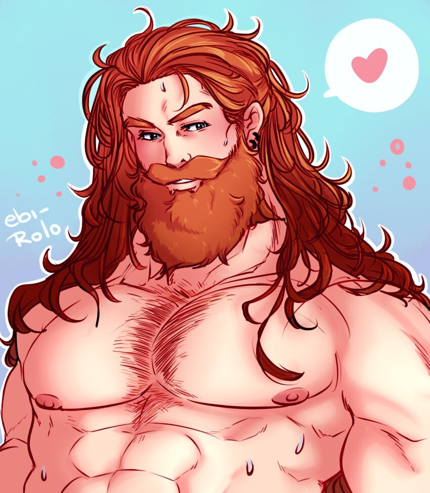 1boy abs absurdres bara beard blush chest_hair earrings facial_hair heart highres jewelry large_pectorals league_of_legends long_beard long_hair looking_to_the_side male_focus mature_male muscular muscular_male mustache nipples nude olaf_(league_of_legends) orange_hair pectorals rolo&#039;s_art smile solo spoken_heart strongman_waist sweat thick_eyebrows thick_mustache upper_body