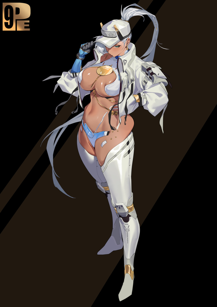 1girl absurdres alternate_costume armored_boots artist_logo black_background boots breasts cleavage commentary_request cropped_jacket dark-skinned_female dark_skin full_body hair_through_headwear hand_in_pocket hat highres jacket large_breasts logo long_hair long_sleeves looking_at_viewer navel nita_(snowbreak) open_clothes open_jacket pencil9 ponytail revealing_clothes skindentation snowbreak:_containment_zone solo standing stomach very_long_hair white_boots white_hair white_hat white_jacket
