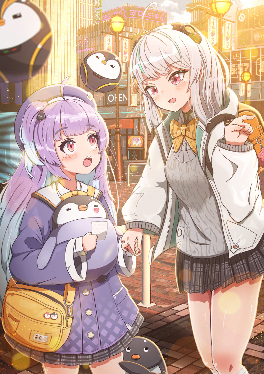 2girls :d absurdres admi_(nikke) ahoge baby_animal backpack bag bag_charm beret bird black_skirt blue_hair blunt_bangs blush bow bowtie building charm_(object) city coat collared_shirt dashiziruangeal day goddess_of_victory:_nikke gradient_hair green_hair grey_hair grey_sweater hair_ornament hat headgear highres holding holding_hands holding_paper hood hood_down hooded_jacket jacket lamppost long_hair long_sleeves multicolored_hair multiple_girls one_side_up open_clothes open_jacket open_mouth outdoors paper penguin penguin_chick pink_eyes plaid_clothes plaid_skirt pleated_skirt pointing purple_coat purple_hair purple_hat red_eyes rei_(nikke) shirt shoulder_bag sidelocks sign skirt smile socks standing streaked_hair sweater teeth two-sided_fabric two-sided_jacket two-tone_hair upper_teeth_only white_jacket white_shirt white_socks yellow_bag yellow_bow yellow_bowtie