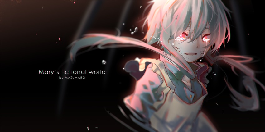 1girl alternate_hair_length alternate_hairstyle apron artist_name blue_dress character_name commentary dress english_text female_focus highres kagerou_project kozakura_marry mazumaro open_mouth red_eyes scales short_hair_with_long_locks silver_hair simple_background slit_pupils solo song_name tearing_up tears text_focus