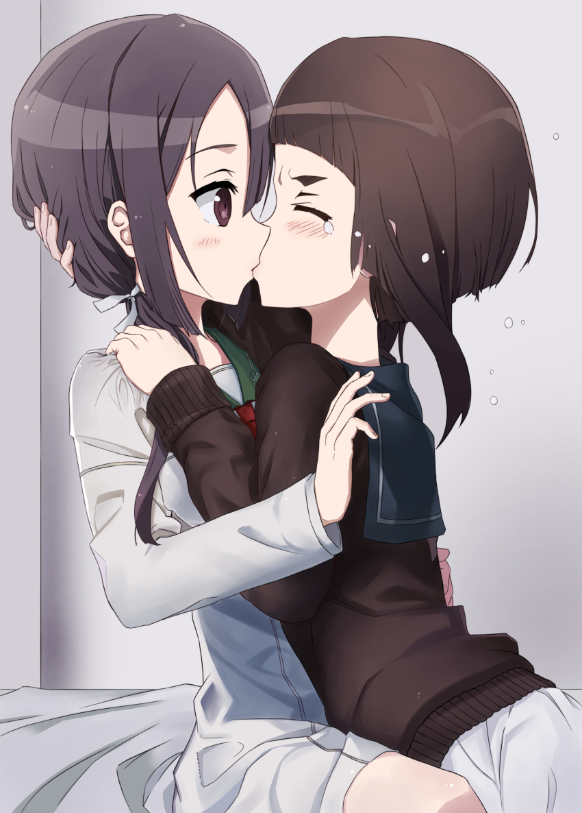 2girls absurdres black_hair blush brown_cardigan brown_eyes brown_hair cardigan closed_eyes clothes_grab commentary dress dress_grab from_side hair_between_eyes hair_ribbon hand_on_another&#039;s_head hand_on_another&#039;s_shoulder highres itaro kagajou_suzume kiss kusunoki_mebuki kusunoki_mebuki_wa_yuusha_de_aru long_hair long_sleeves looking_at_another low_twintails multiple_girls profile ribbon school_uniform serafuku short_hair_with_long_locks sitting tears thick_eyebrows twintails white_dress white_ribbon yuri yuusha_de_aru