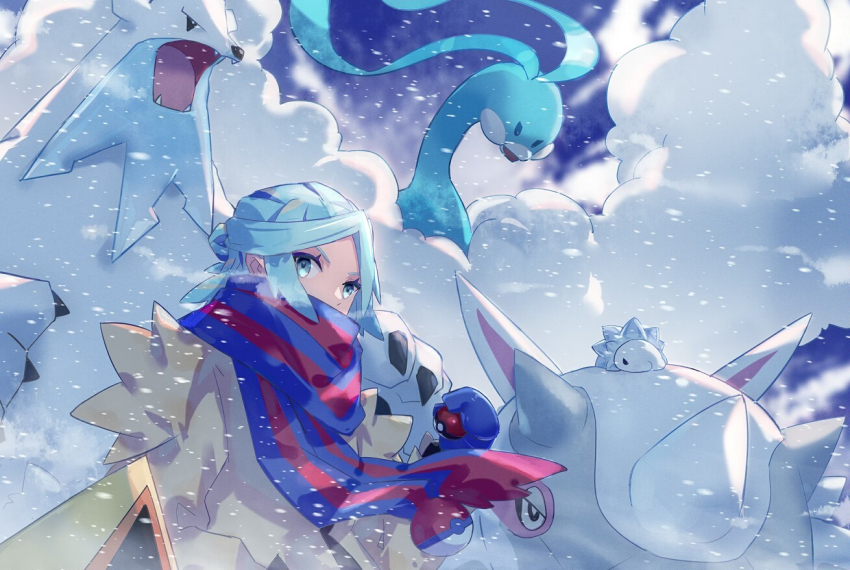 1boy altaria aqua_eyes aqua_hair beartic blue_mittens blue_scarf cetitan commentary_request day eyelashes from_below gen_3_pokemon gen_5_pokemon gen_8_pokemon grusha_(pokemon) holding holding_poke_ball jacket male_focus mittens nejikyuu nintendo outdoors poke_ball poke_ball_(basic) pokemon pokemon_(creature) pokemon_sv scarf sky snom snorunt snowing striped_clothes striped_scarf yellow_jacket