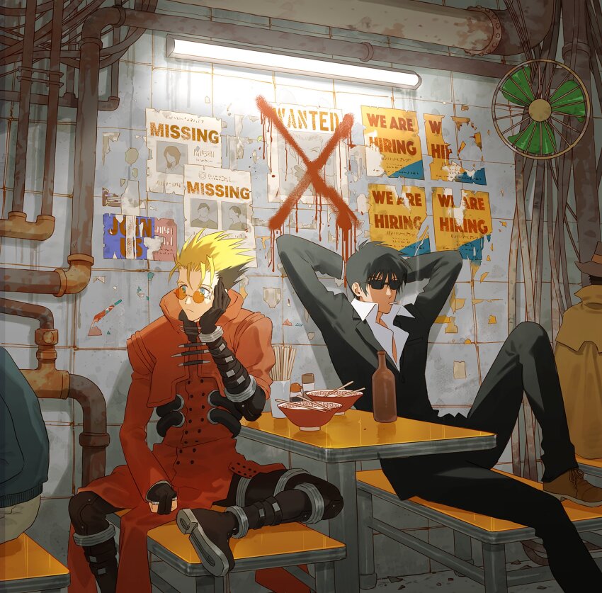 2boys ba3969787585976 black_suit blonde_hair blue_eyes bottle cigarette coat formal_clothes highres long_coat multiple_boys nicholas_d._wolfwood orange-tinted_eyewear prosthesis prosthetic_arm red_coat round_eyewear sitting smoking spiked_hair suit sunglasses tinted_eyewear trigun trigun_maximum vash_the_stampede