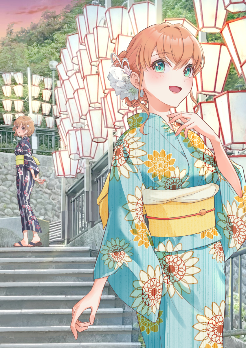 2girls :d absurdres aqua_eyes black_kimono blue_kimono brown_hair commentary_request cowboy_shot crossover floral_print floral_print_kimono hanasaku_iroha highres hinoshita_kaho ishikawa_prefecture japanese_clothes kanazawa_(city) kimono kobassy link!_like!_love_live! long_sleeves looking_at_viewer love_live! matsumae_ohana multiple_girls obi obiage obijime open_mouth orange_hair outdoors print_kimono real_world_location sandals sash smile solo_focus stairs striped_clothes striped_kimono vertical-striped_clothes vertical-striped_kimono virtual_youtuber yellow_sash yukata
