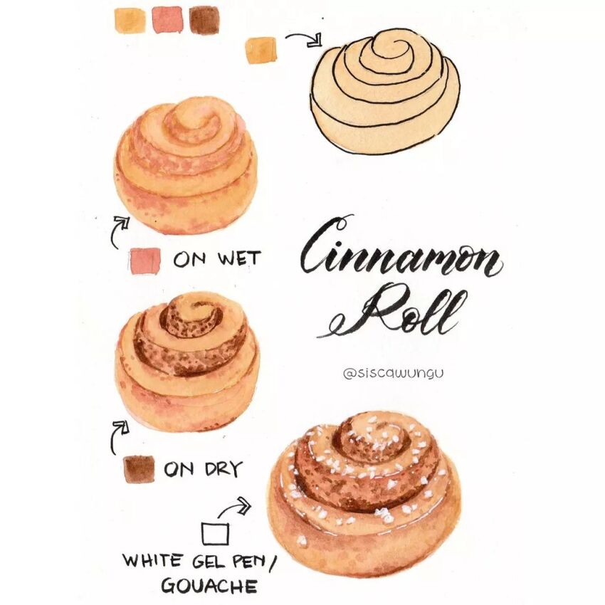 arrow_(symbol) artist_name cinnamon_roll color_guide commentary english_commentary english_text food_focus gouache_(medium) how_to no_humans original painting_(medium) simple_background sisca_wungu granulated_sugar traditional_media watercolor_(medium) white_background