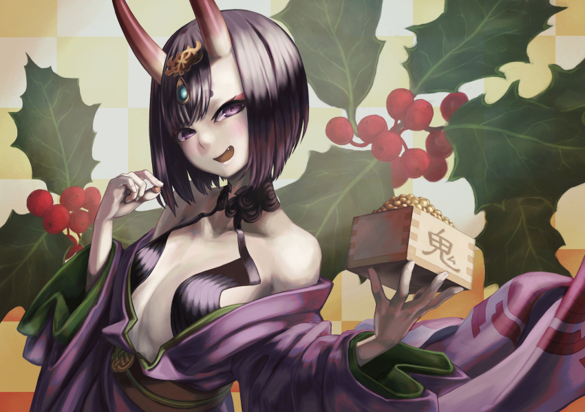 1girl bare_shoulders beans bob_cut breasts commentary_request fang fate/grand_order fate_(series) headpiece highres holly horns japanese_clothes kimono looking_at_viewer masu mayagi_(mayagi61) off_shoulder oni open_mouth purple_eyes purple_hair purple_kimono setsubun short_hair shuten_douji_(fate) skin-covered_horns small_breasts smile solo upper_body