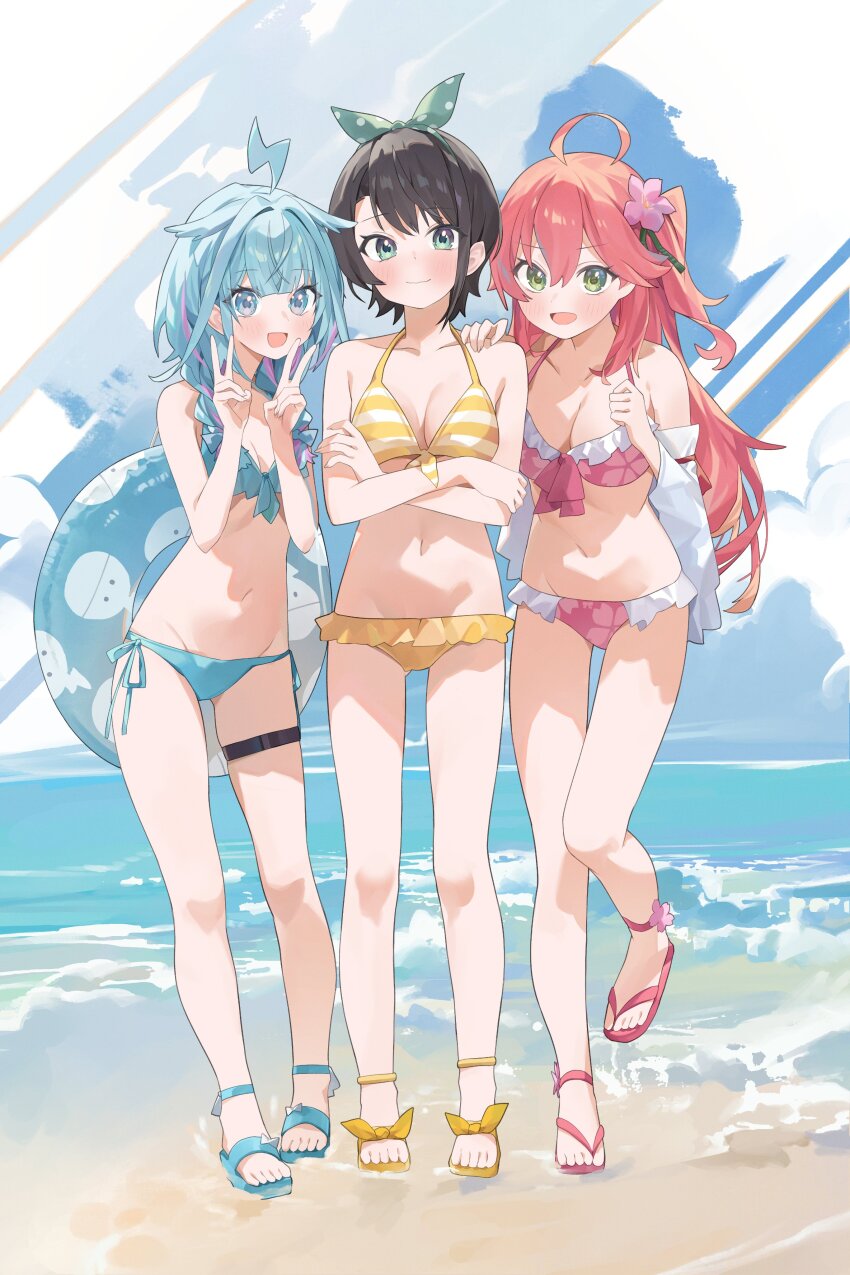 3girls :d absurdres ahoge alternate_costume beach bikini black_hair blue_bikini blue_eyes blue_hair blunt_bangs braid closed_mouth commentary_request crossed_arms day detached_sleeves double-parted_bangs double_v floral_print_bikini flower frilled_bikini frills front-tie_bikini_top front-tie_top full_body green_eyes hair_between_eyes hair_flaps hair_flower hair_ornament hair_over_shoulder halterneck hand_on_another&#039;s_shoulder hands_up highres hololive hololive_dev_is innertube lightning_ahoge long_hair looking_at_viewer low_twin_braids mizumiya_su multicolored_hair multiple_girls navel nel_dcm official_alternate_costume one_side_up oozora_subaru oozora_subaru_(hololive_summer_2019) open_mouth outdoors pink_bikini pink_hair sakura_miko sandals short_hair side-tie_bikini_bottom smile stomach streaked_hair striped_bikini striped_clothes swept_bangs swim_ring swimsuit toes twin_braids v very_long_hair virtual_youtuber white_sleeves yellow_bikini