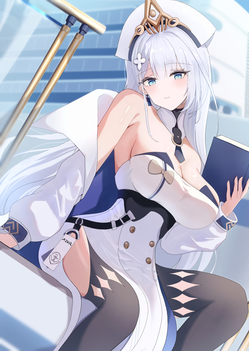 1girl absurdres azur_lane blue_eyes book breasts cleavage coat dutch_angle emden_(azur_lane) emden_(duet_of_guiding_stars)_(azur_lane) hat highres holding holding_book large_breasts long_hair long_sleeves looking_at_viewer official_alternate_costume pelvic_curtain puffy_long_sleeves puffy_sleeves solo uaru very_long_hair white_coat white_hair white_hat