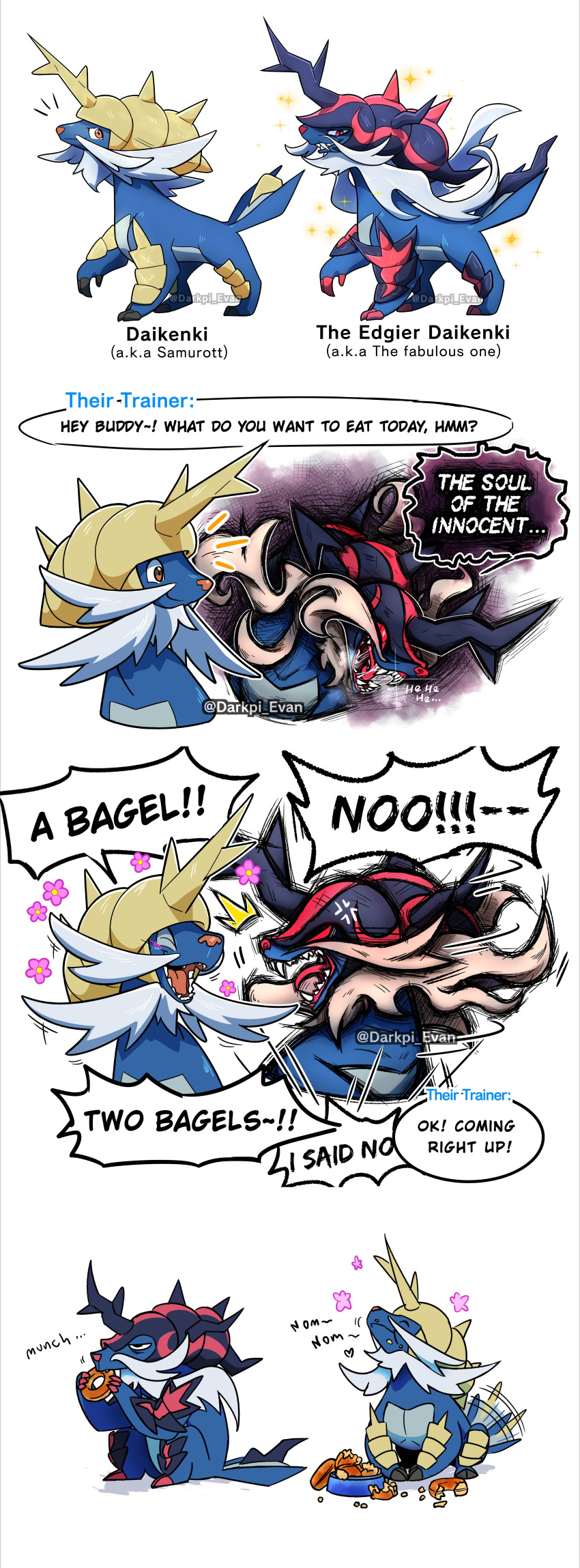 absurdres anger_vein bagel bowl claws darkpi eating evil_eyes evil_grin evil_smile facial_hair flower food food_on_face gen_5_pokemon grin highres hisuian_form hisuian_samurott horns nintendo no_humans opposing_sides pet_bowl pokemon red_eyes samurott seashell sharp_teeth shell smile spikes tail tail_wagging teeth water whiskers