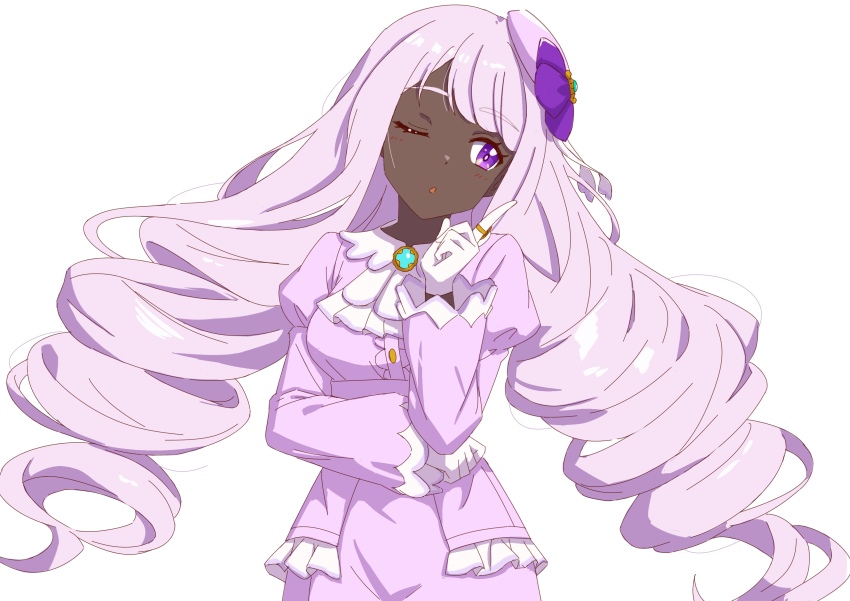 1girl ;o absurdres commentary_request dark-skinned_female dark_skin gloves hair_ornament hand_up highres index_finger_raised jacinthe_(pokemon) jewelry long_hair long_sleeves looking_to_the_side nintendo niwatorimushi one_eye_closed pokemon pokemon_legends:_z-a purple_eyes ring simple_background solo twintails white_background white_gloves