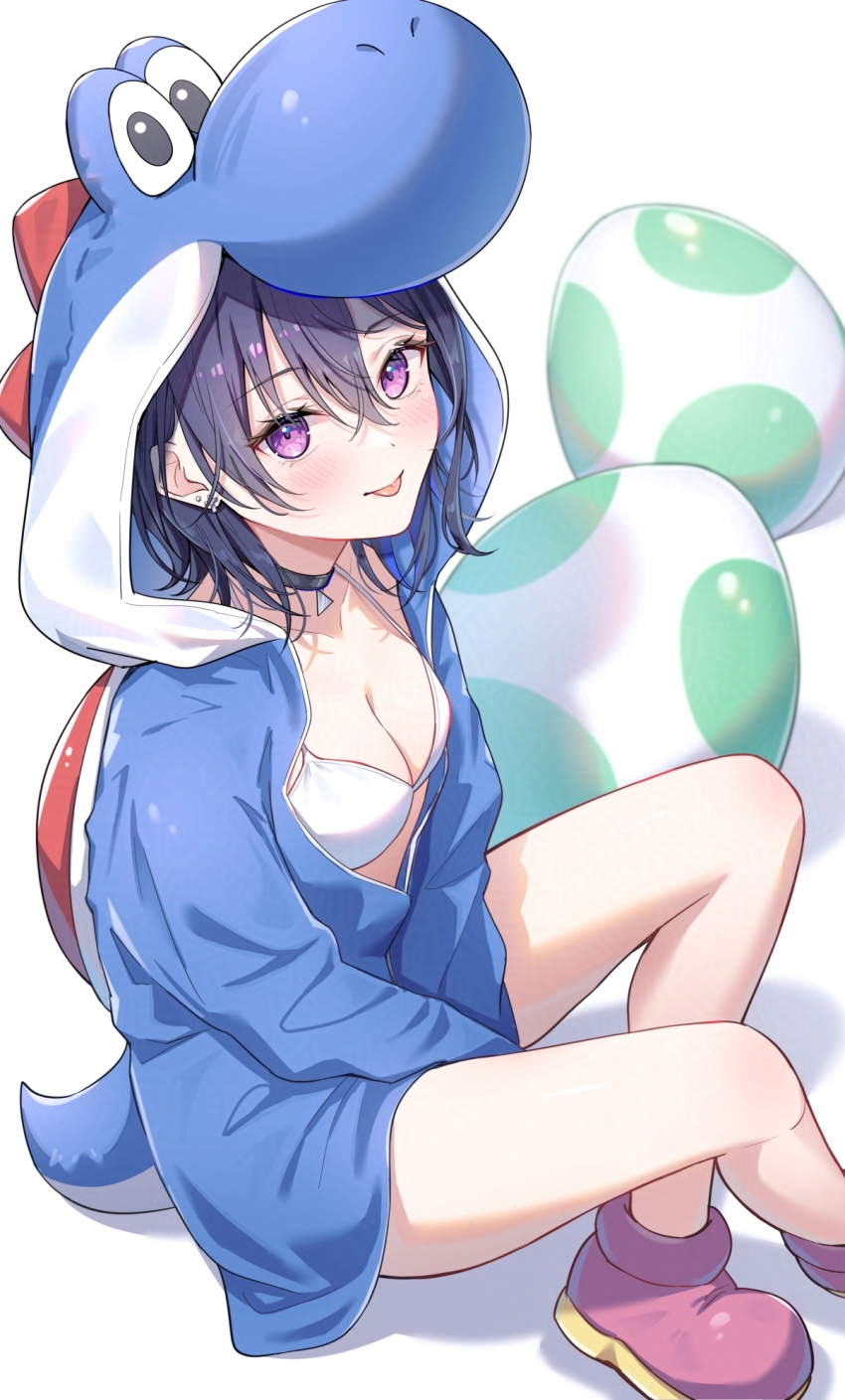 1girl animal_hood between_legs bikini black_choker black_hair blue_hoodie breasts choker cleavage closed_mouth earrings hair_between_eyes hand_between_legs highres hood hoodie ichinose_uruha jewelry long_sleeves looking_at_viewer medium_hair partially_unzipped purple_eyes shoes sitting small_breasts smile solo string_bikini swimsuit thighs toki_(toki_ship8) tongue tongue_out virtual_youtuber vspo! white_bikini yoshi yoshi_egg
