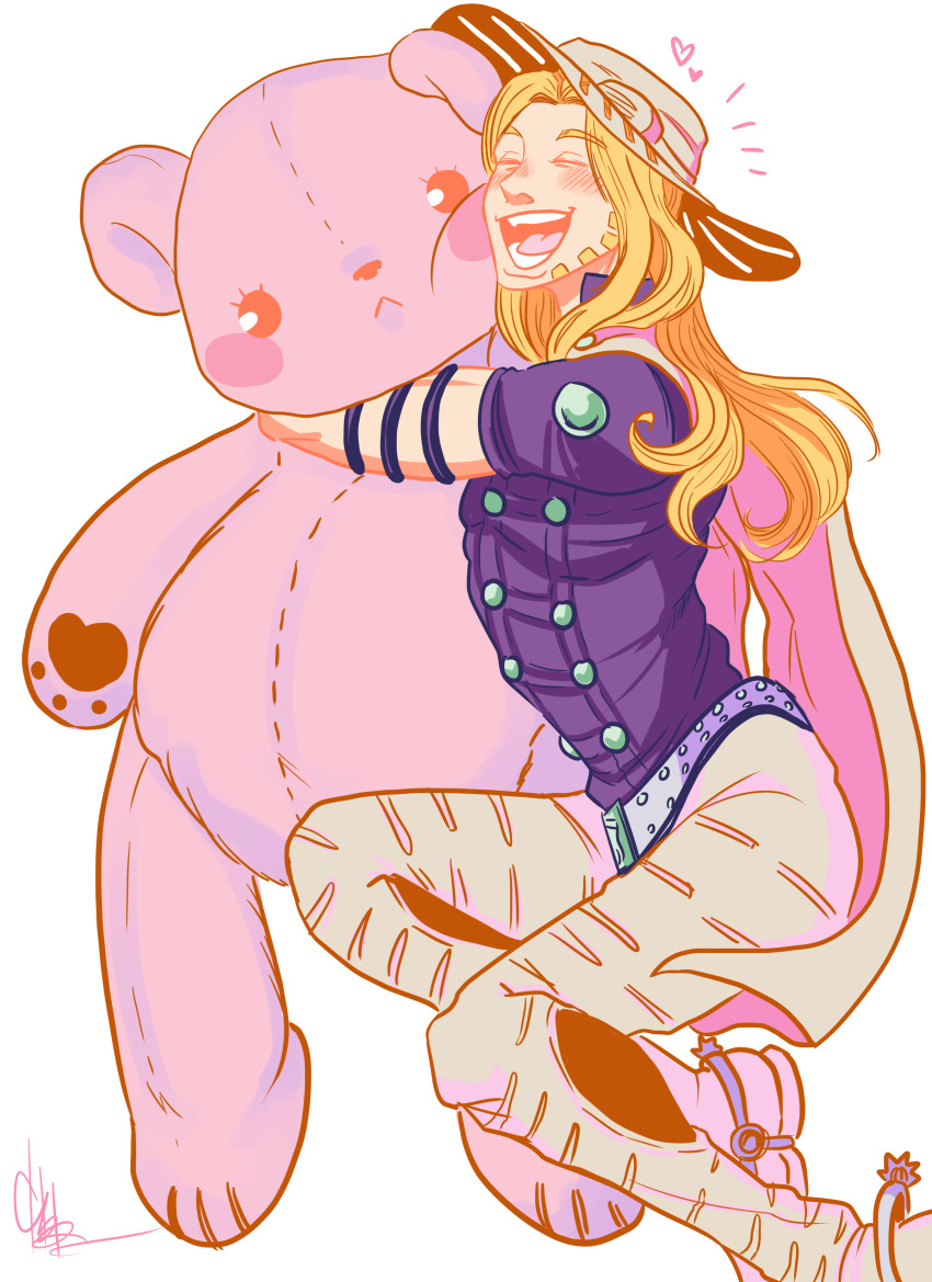 1boy absurdres agileo-101 beard belt blonde_hair cape closed_eyes commentary commission cowboy_hat english_commentary facial_hair goggles goggles_on_headwear grey_belt grey_hat gyro_zeppeli hat heart highres hugging_doll hugging_object jojo_no_kimyou_na_bouken large_teddy_bear long_hair male_focus purple_shirt shirt short_sleeves signature solo spurs steel_ball_run stuffed_animal stuffed_toy teeth yellow_cape