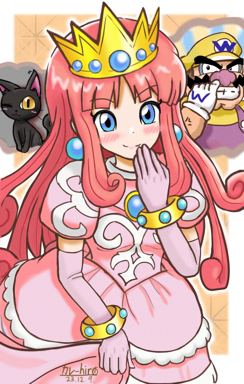 ballhuman black_cat_(wario_land) black_eyes blue_eyes blush cat closed_mouth crown dated dress earrings elbow_gloves facial_hair gloves hat highres jewelry long_hair mustache nintendo nose_picking overalls pink_dress pink_gloves pink_hair princess_shokora puffy_short_sleeves puffy_sleeves purple_overalls shirt short_sleeves signature smile teeth wario wario_land wario_land_4 yellow_hat yellow_shirt