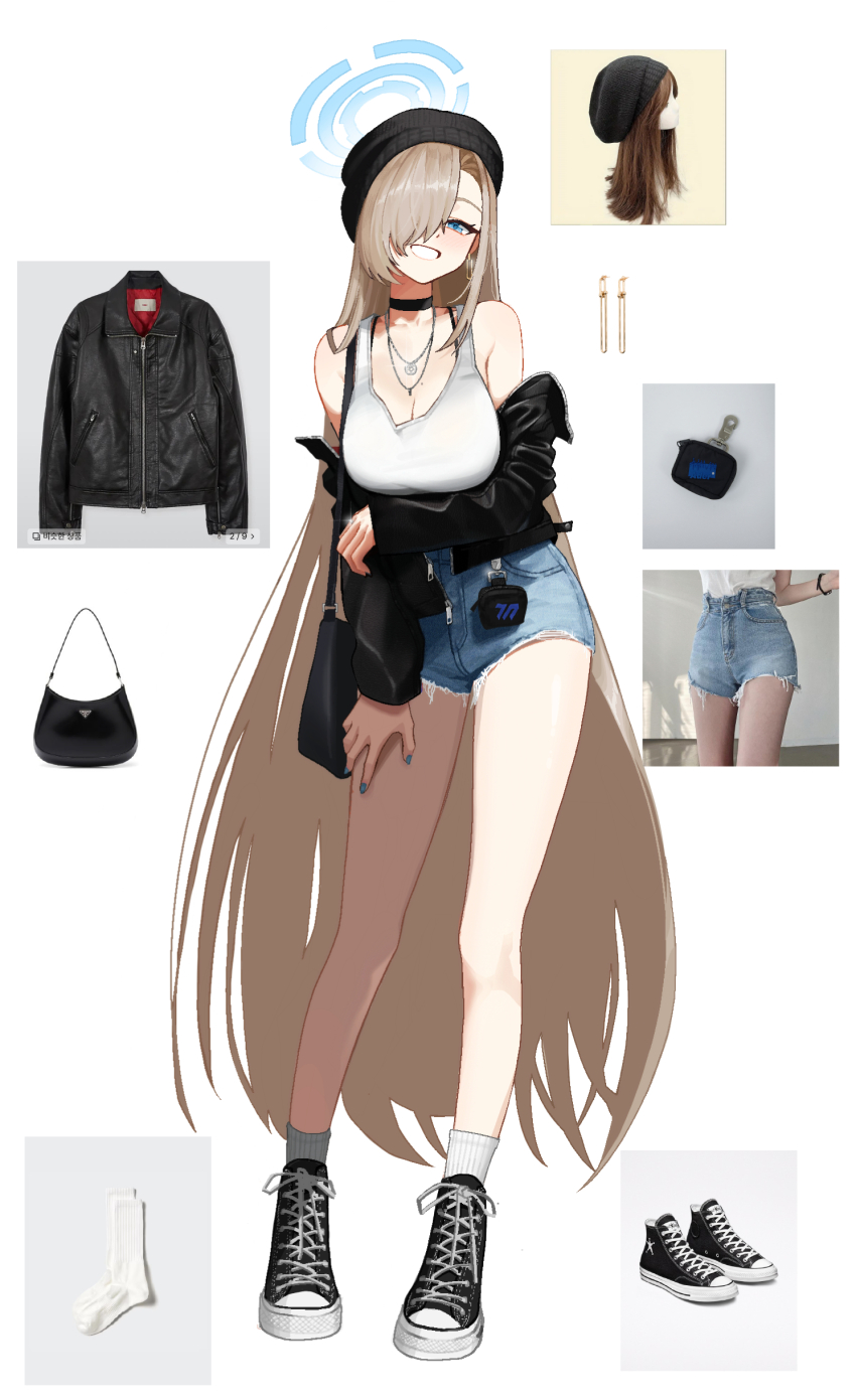 1girl absurdres alternate_costume anyak05 arm_up asuna_(blue_archive) asymmetrical_bangs bare_legs beanie black_bag black_bra black_choker black_hat black_jacket blue_archive blush bra bra_strap breasts brown_hair casual choker cleavage collarbone commentary commission converse denim denim_shorts earrings fingernails full_body hair_over_one_eye halo hat highres jacket jacket_partially_removed jewelry large_breasts leather leather_jacket long_hair looking_at_viewer mole mole_on_breast nail_polish necklace one_eye_covered photo-referenced reference_inset short_shorts shorts smile socks solo straight_hair tank_top underwear very_long_hair white_socks white_tank_top