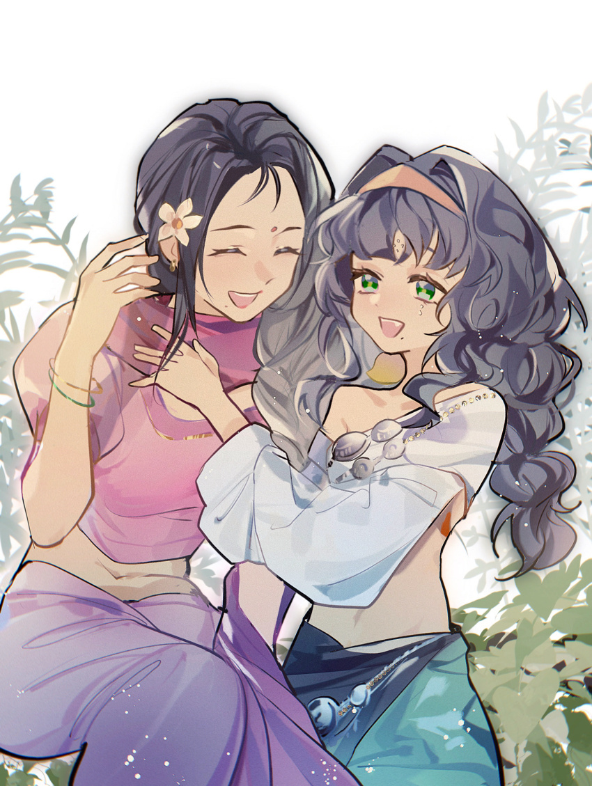 2girls :d black_hair braid bush closed_eyes cropped_shirt facial_mark flower forehead_mark green_eyes green_skirt hair_flower hair_ornament hair_over_shoulder hairband hand_up highres jupiter_yangzouyue kanjira leaf long_hair long_sleeves looking_at_viewer midriff multiple_girls open_mouth pants puffy_long_sleeves puffy_short_sleeves puffy_sleeves purple_pants purple_scarf purple_shirt reverse:1999 scarf sherjah_(reverse:1999) shirt short_sleeves single_braid single_off_shoulder skirt smile stomach teacher_and_student upper_body white_background white_shirt yellow_flower yellow_hairband