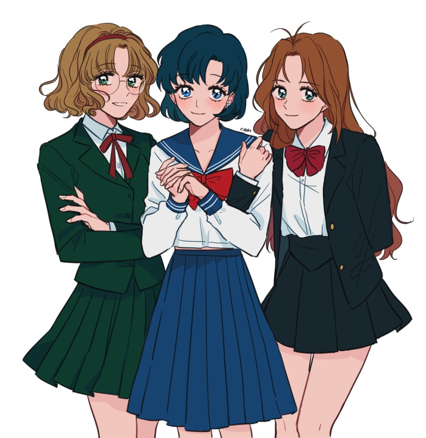 3girls ai_tenshi_densetsu_wedding_peach antenna_hair bishoujo_senshi_sailor_moon blonde_hair blue_hair brown_hair com_(com0107) crossover female_focus glasses hairband highres hououji_fuu long_hair looking_at_viewer magic_knight_rayearth mizuno_ami multiple_crossover multiple_girls olm_(studio) own_hands_clasped own_hands_together pleated_skirt school_uniform serafuku short_hair simple_background skirt tanima_yuri tms_entertainment toei_animation white_background