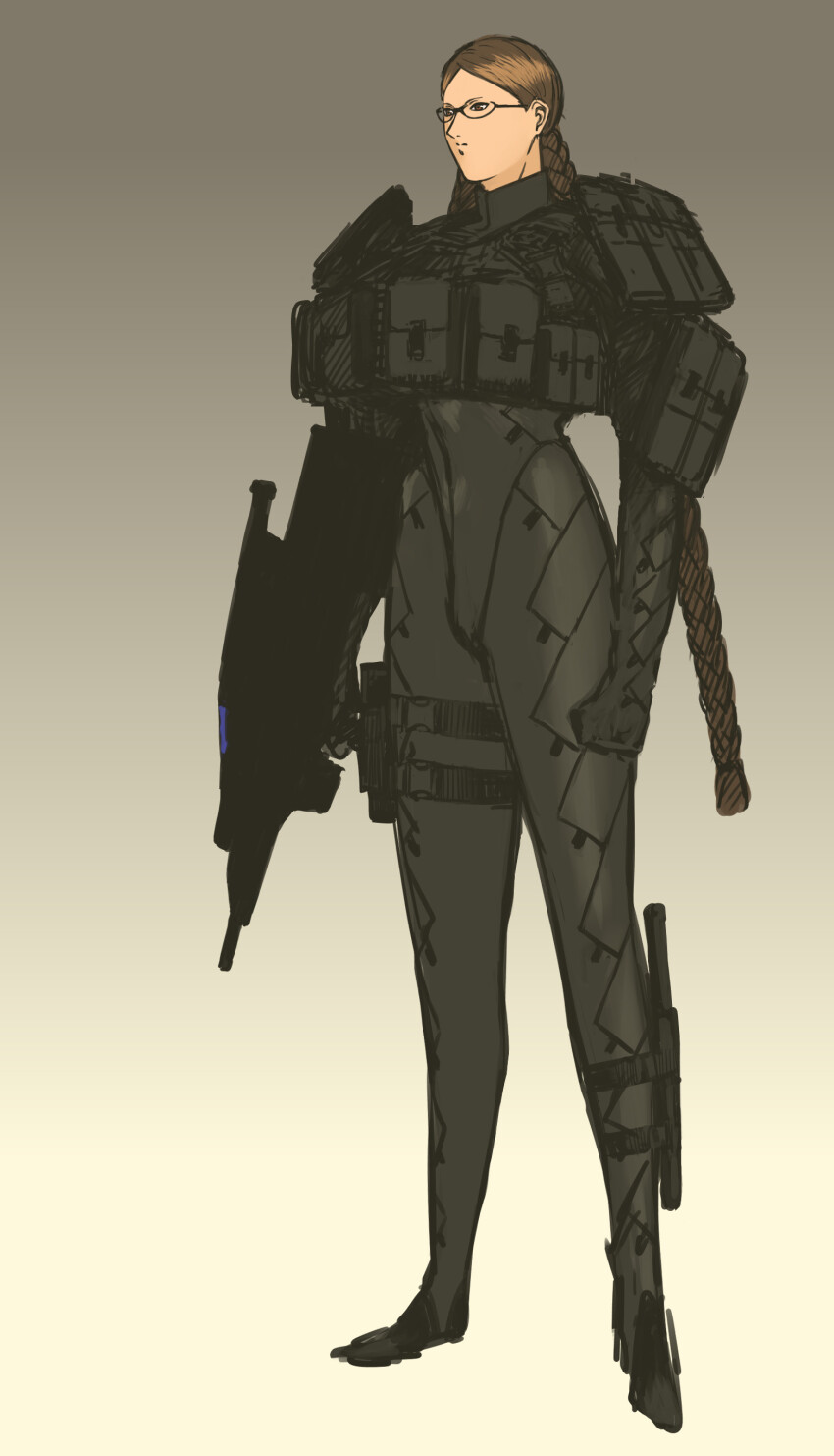 1girl absurdres airburst_grenade_launcher alliant_techsystems armor assault_rifle bad_anatomy black_gloves body_armor bodysuit braid breasts brown_eyes brown_hair bullpup carbine clenched_hand computerized_scope contraves_brashear_systems female_focus glasses glasses_girl_(nameo) gloves grenade_launcher gun heckler_&amp;_koch highres holding holding_gun holding_weapon huge_weapon l-3_communications_corporation l3_technologies large_breasts long_hair military military_program modular_weapon_system multi-weapon multiple-barrel_gun nameo_(judgemasterkou) night-vision_device objective_individual_combat_weapon_(military_program) objective_infantry_combat_weapon_(military_program) original poorly_drawn pouch precision-guided_firearm prototype_design rifle scope selectable_assault_battle_rifle_(military_program) semi-automatic_grenade_launcher semi-rimless_eyewear short-barreled_rifle sight_(weapon) smart_scope solo telescopic_sight thermal_weapon_sight transforming_weapon trigger_discipline twin_braids under-barrel_configuration under-rim_eyewear underbarrel_assault_rifle underbarrel_rifle weapon xm104_(smart_scope) xm29_oicw