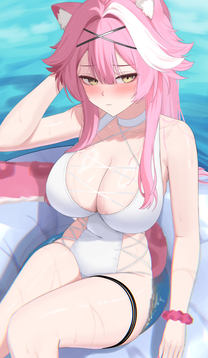1girl 4kebidayo absurdres animal_ears bare_shoulders blush breasts choker cleavage closed_mouth collarbone hair_intakes highres hololive hololive_english large_breasts long_hair multicolored_hair one-piece_swimsuit panther_ears panther_girl panther_tail pink_hair raora_panthera solo streaked_hair swimsuit tail thighs virtual_youtuber white_choker white_hair white_one-piece_swimsuit yellow_eyes