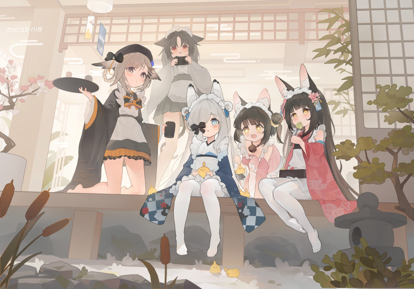 +_+ 5girls :3 absurdres animal_ears azur_lane barefoot bell black_hair blue_eyes camera chinese_commentary closed_mouth commentary fork fox_ears fox_girl grey_eyes grey_hair highres holding holding_camera holding_fork jingle_bell kasumi_(azur_lane) kasumi_1118 kazagumo_(azur_lane) kazagumo_(diligent_domestic_discipline)_(azur_lane) long_hair maid manjuu_(azur_lane) multiple_girls mutsu_(azur_lane) nagato_(azur_lane) neck_bell no_shoes official_alternate_costume ooshio_(azur_lane) open_mouth pantyhose red_eyes revision short_hair wa_maid white_hair white_pantyhose yellow_eyes