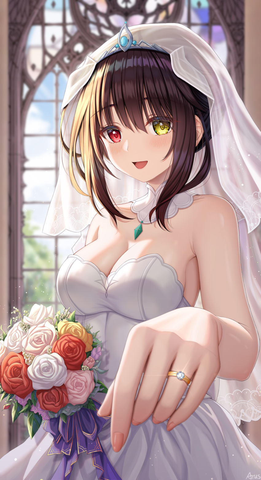 1girl :d absurdres arus bare_shoulders black_hair bouquet breasts bridal_veil bride cleavage clock_eyes commentary commentary_request date_a_live dress english_commentary flower happy heterochromia highres holding holding_bouquet jewelry looking_at_viewer medium_breasts mixed-language_commentary open_mouth ornate_ring red_eyes revision ring smile solo symbol-shaped_pupils tokisaki_kurumi veil wedding wedding_dress wedding_ring white_dress window yellow_eyes