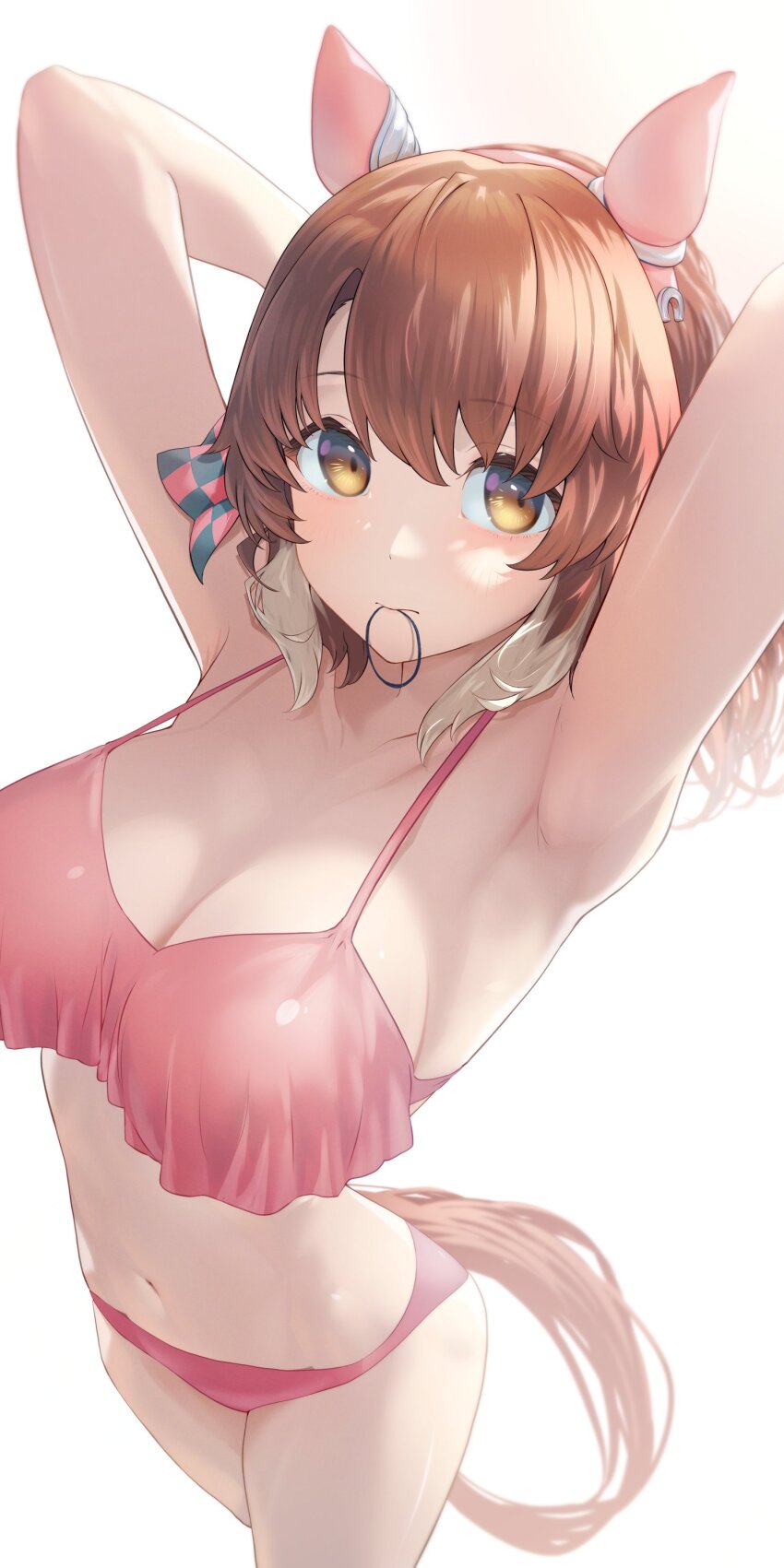 1girl absurdres animal_ears armpits arms_behind_head bikini breasts brown_hair dantsu_flame_(umamusume) ear_covers from_above highres horse_ears horse_girl horse_tail large_breasts looking_at_viewer nabe_puyo red_bikini rubber_band short_hair simple_background solo swimsuit tail umamusume white_background