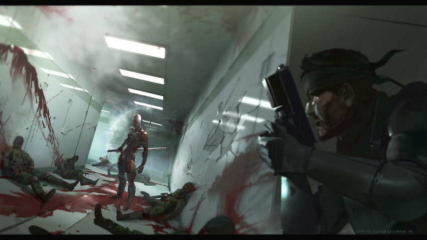 6+boys absurdres balaclava bandana belt blood bodysuit boots commentary concept_art corpse cyborg_ninja cyclops death english_commentary faceplate fake_screenshot gameplay_mechanics gloves gray_fox gun hallway handgun helmet hiding highres ignacio_bazan_lazcano katana lights metal_gear_(series) metal_gear_solid metal_gear_solid_(film) multiple_boys neisbeis ninja official_art one-eyed realistic reveal science_fiction soldier solid_snake spoilers sword terrorist weapon