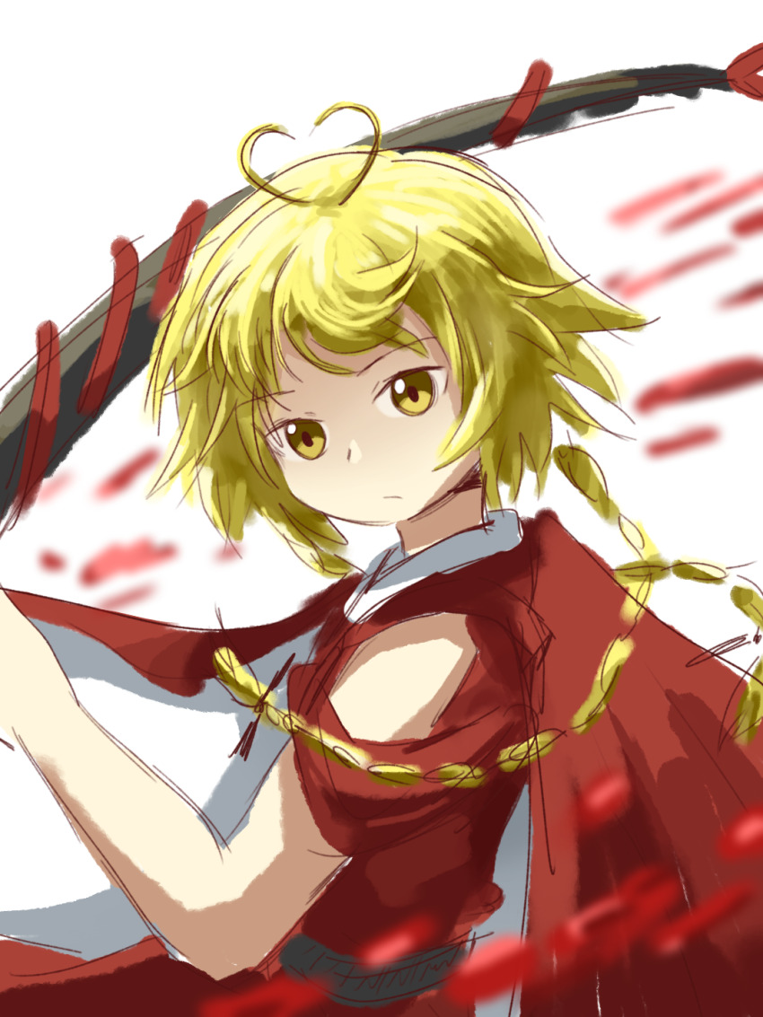 1other androgynous antenna_hair baila_kuangzi blonde_hair blood braid cape chinese_commentary closed_mouth commentary_request heart_antenna_hair highres japanese_clothes kimono len&#039;en long_hair ooama_no_ake_no_mitori other_focus red_cape red_kimono sketch sleeveless sleeveless_kimono solo twin_braids two-sided_cape two-sided_fabric yellow_eyes