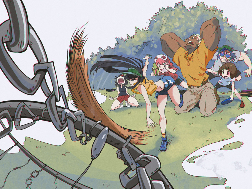 2boys 4girls baseball_cap big_no blonde_hair brown_eyes brown_hair cheering disc_golf frisbee gamagoori_ira hat height_difference jakuzure_nonon kill_la_kill kiryuuin_satsuki kneeling long_hair mankanshoku_mako matoi_ryuuko midriff mikisugi_aikurou multicolored_hair multiple_boys multiple_girls phil_dragash pink_hair playing_sports short_hair siblings sisters size_difference streaked_hair surprised tense thick_eyebrows two-tone_hair