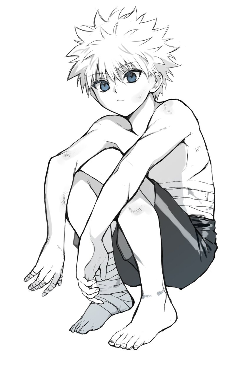 1boy :/ arms_on_knees bandaged_ankle bandaged_chest bandaged_fingers bandages blue_eyes bruise bruise_on_ankle bruise_on_shoulder closed_mouth collarbone commentary full_body greyscale highres hunter_x_hunter injury killua_zoldyck looking_ahead male_focus monochrome sha_nato short_hair shorts simple_background solo spot_color symbol-only_commentary white_background