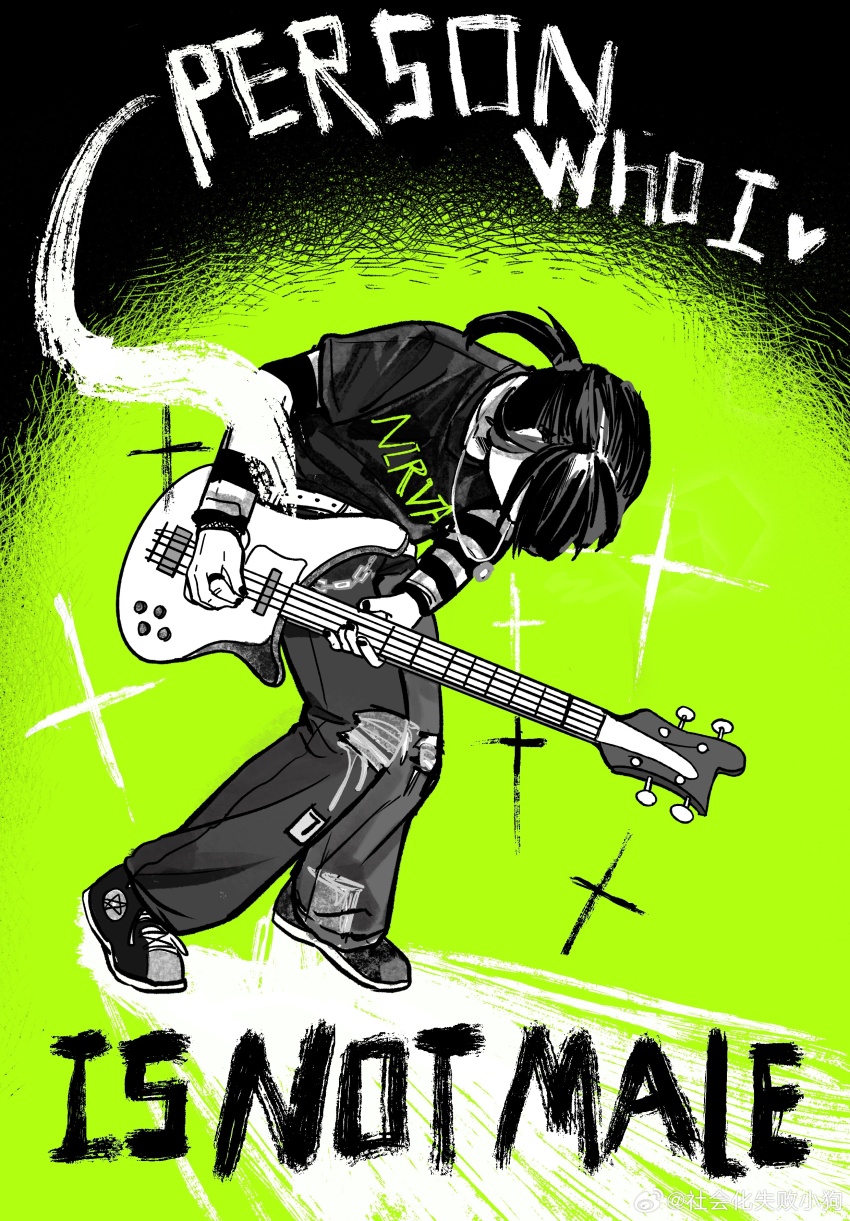 1girl absurdres baggy_pants band_shirt bass_guitar belt chain chinese_commentary clothes_writing commentary_request derivative_work dutch_angle bass_guitar english_text green_background greyscale_with_colored_background highres instrument jewelry kininatteru_hito_ga_otoko_ja_nakatta koga_mitsuki layered_sleeves leaning_forward long_sleeves merchandise movie_poster music nail_polish necklace nirvana_(band) pants parody patchwork_clothes playing_bass_guitar playing_instrument plectrum ponytail poster_(medium) poster_parody print_shirt rickenbacker_4001 scott_pilgrim_(series) scott_pilgrim_vs_the_world_(movie) shehuiha_shibai_xiaogou shirt shoes sneakers solo spot_color striped_clothes striped_shirt t-shirt torn_clothes torn_pants watermark weibo_username weibo_watermark