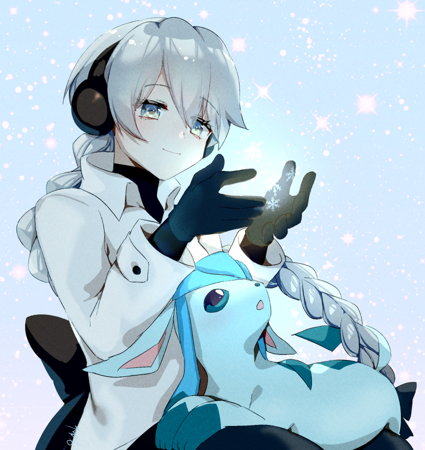 1girl absurdres back_bow black_bow black_gloves black_shirt blue_eyes bow braid closed_mouth collared_jacket crossover earmuffs eyes_visible_through_hair gen_4_pokemon glaceon gloves grey_hair hair_between_eyes hair_bow hands_up highres jacket long_hair long_sleeves nintendo on_lap pokemon pokemon_(creature) pokemon_on_lap sekka_yufu shirt single_braid smile snowflakes torino_sasami turtleneck turtleneck_shirt utau white_jacket