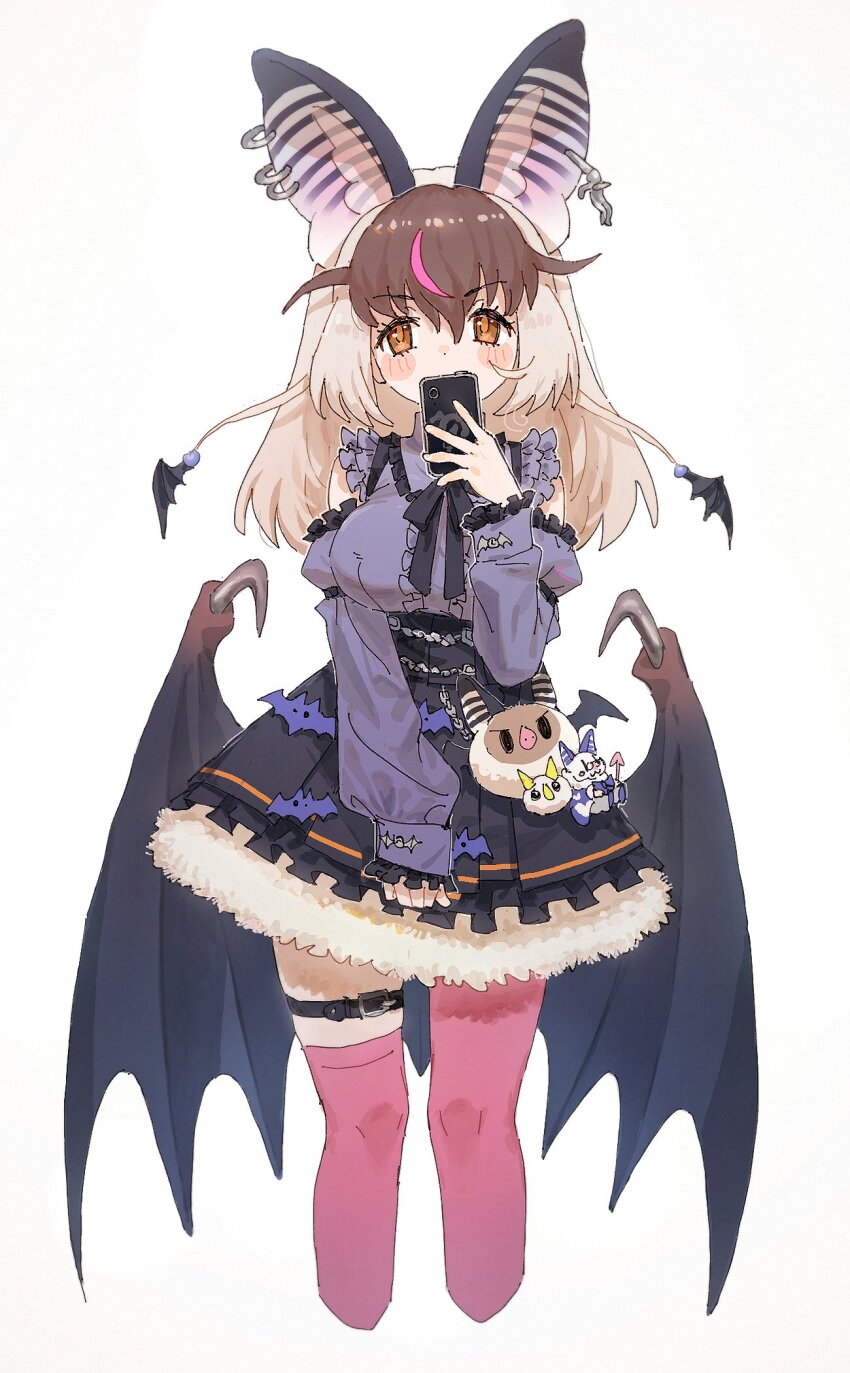 1girl animal_ears bat_ears bat_girl bat_wings belt brown_eyes brown_hair brown_long-eared_bat_(kemono_friends) cellphone dress earrings extra_ears grey_background grey_hair highres jewelry kemono_friends kemono_friends_v_project long_hair looking_at_viewer microphone multicolored_hair nendo23 phone poporu_(kemono_friends) shirt simple_background skirt smartphone solo streaked_hair stuffed_toy thighhighs virtual_youtuber wings