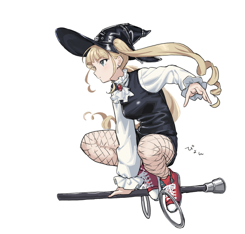 1girl ascot black_hat black_leotard blonde_hair breasts brooch closed_mouth drill_hair fishnet_pantyhose fishnets full_body hat highres jewelry leotard long_hair long_sleeves medium_breasts pantyhose project:anemone red_shoes shirt shoes simple_background sneakers solo staff staff_riding teshima_nari twin_drills white_ascot white_background white_shirt witch witch_hat zipper