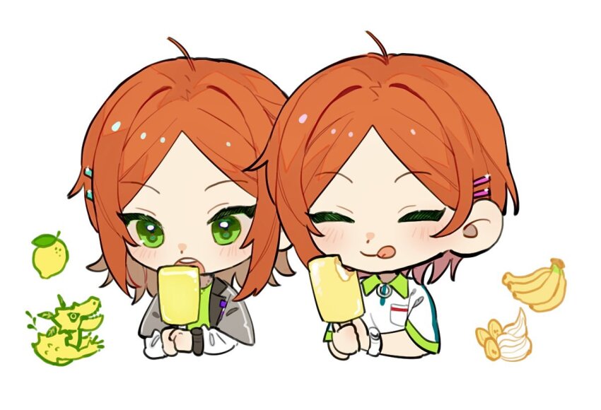 2boys :q ^_^ ahoge aoi_hinata aoi_yuta banana casual chibi closed_eyes collared_shirt dragon_fruit ensemble_stars! food fruit green_eyes hair_ornament hairclip imminent_bite jacket lemon male_focus medium_hair multiple_boys open_mouth orange_hair parted_bangs popsicle shirt short_hair short_sleeves siblings tawa_(eraremmm) tongue tongue_out tsurime twins upper_body watch white_background wristwatch