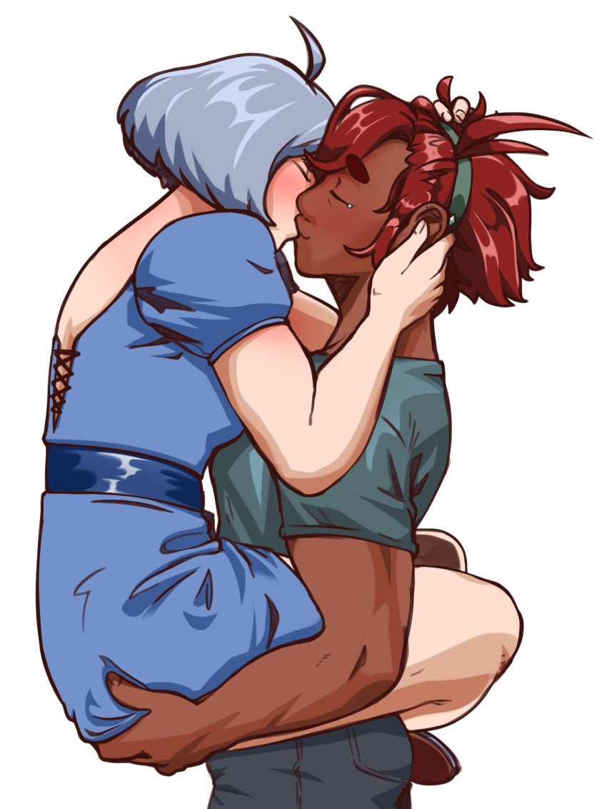 2girls ahoge artist_name blue_dress brown_shoes closed_eyes dark-skinned_female dark_skin dress green_shirt grey_pants gundam gundam_suisei_no_majo hairband hand_on_another&#039;s_head held_up highres interracial kiss leg_lock medium_hair miorine_rembran multiple_girls muscular muscular_arms muscular_female pants red_hair shirt shoes suletta_mercury superkiak t-shirt tearing_up thick_eyebrows transparent_background white_hair yuri