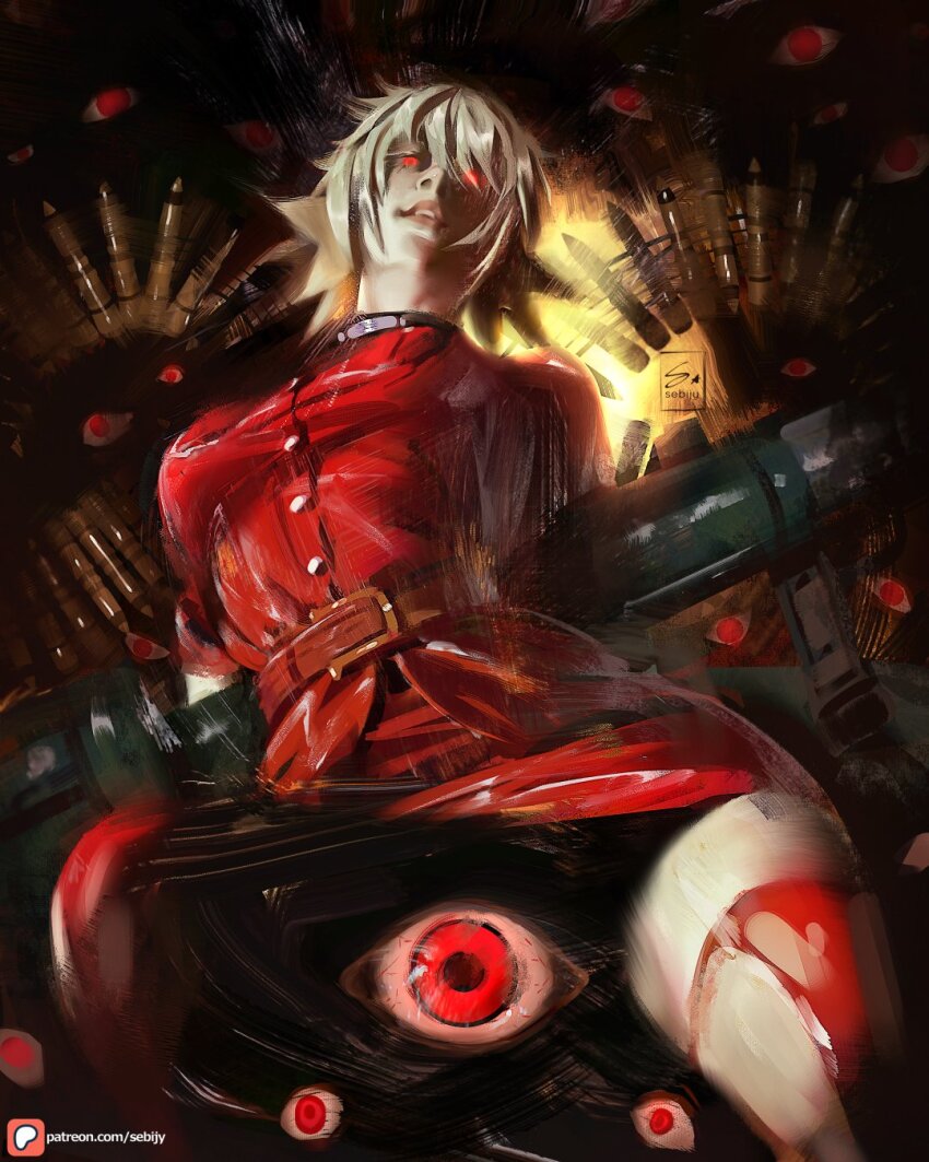 1girl belt blonde_hair blood blood_on_leg disembodied_eye from_below glowing glowing_eyes hellsing highres looking_at_viewer miniskirt parted_lips red_eyes red_shirt red_skirt sebijy seras_victoria shell_casing shirt short_hair short_sleeves short_twintails skirt smile solo taut_clothes taut_shirt twintails