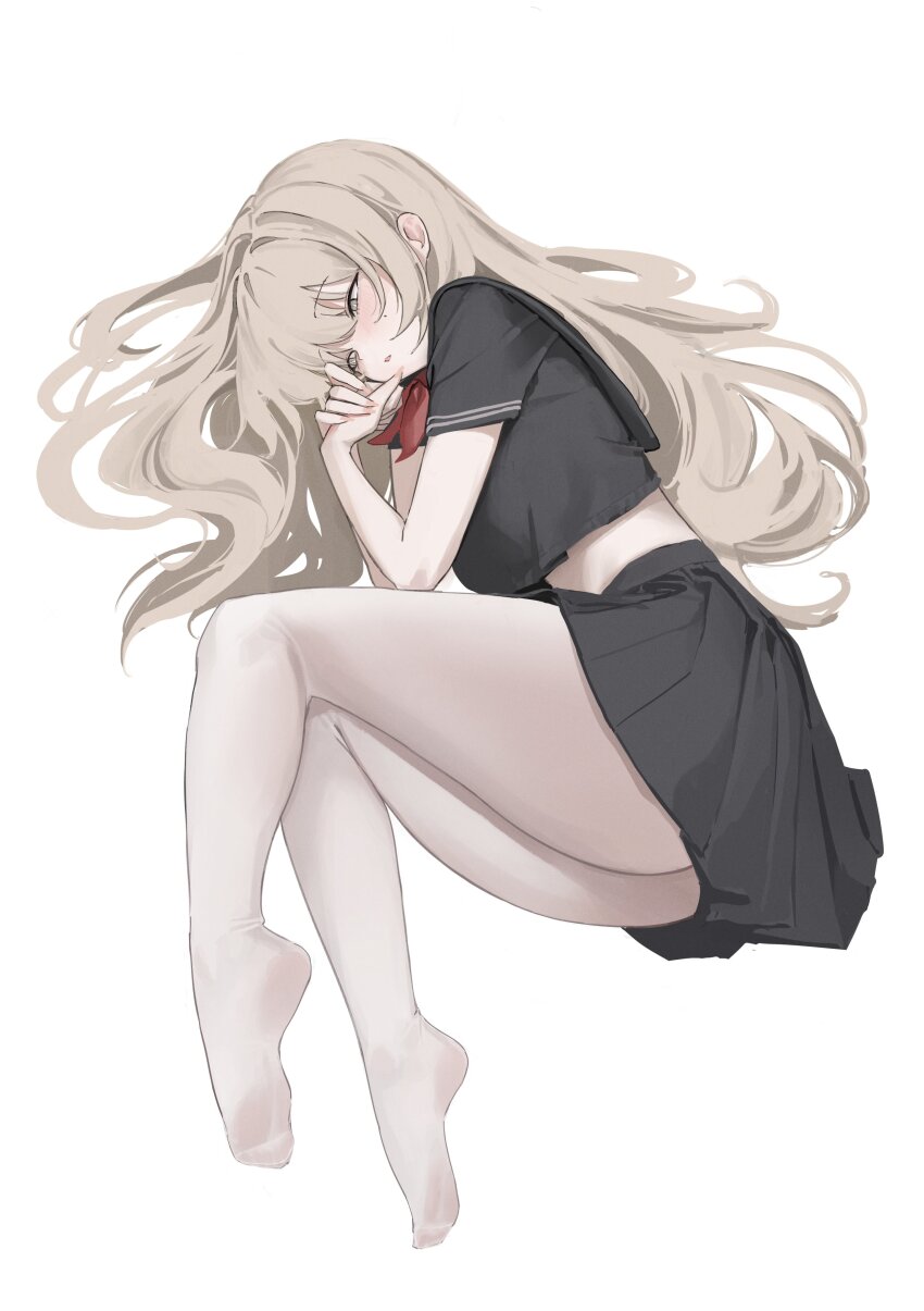 1girl absurdres black_serafuku black_skirt blonde_hair blush feet full_body highres laneigu legs long_hair midriff miniskirt mole mole_on_cheek neckerchief original pantyhose pleated_skirt sailor_collar school_uniform serafuku shirt skirt soles solo thighs toes white_pantyhose yellow_eyes
