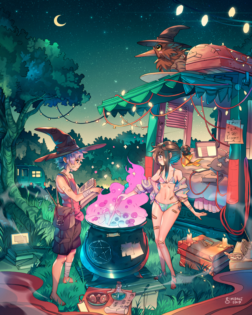 1boy 1girl animal artist_name awning bag bandaged_arm bandaged_leg bandages bandaid bandaid_on_arm bandaid_on_face bandaid_on_leg bandaid_on_nose bandaid_on_stomach bare_shoulders barefoot bikini bird black_hat black_shorts book book_stack bowl breasts brown_hair bubble cable camper_trailer candle card_in_hat cattail cauldron cellphone clothed_animal colored_smoke commentary computer crescent_moon dated foliage grass hair_bun hair_ribbon hat hat_ribbon highres holding holding_book holding_stick jacket kiwi_(bird) laptop looking_to_the_side mattress medium_hair moon mortar_(bowl) multicolored_bikini multicolored_jacket mushroom nature navel night night_sky off_shoulder open_book open_clothes open_jacket original outdoors parchment pentagram pestle phone pillow pink_shirt plant potion profile purple_hair purple_ribbon radio reading recreational_vehicle ribbon runes satchel shirt short_hair shorts sidelocks simz sky sleeveless sleeveless_shirt small_breasts smartphone smoke sparkle standing star_(sky) starry_sky stick stirring stirring_rod string_of_light_bulbs suitcase swimsuit tablet_pc trailer tree witch_hat yellow_ribbon