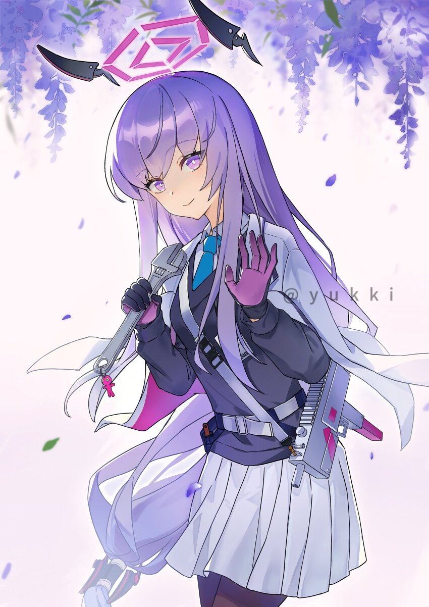 1girl absurdres blue_archive blue_necktie cowboy_shot falling_petals floating_headgear gloves gun halo headgear highres holding holding_wrench light_smile long_hair long_sleeves looking_at_viewer mac-10/11 necktie petals pleated_skirt purple_eyes purple_gloves purple_hair shirt skirt solo submachine_gun twitter_username utaha_(blue_archive) waving_hands weapon white_shirt white_skirt wrench yukki83130530