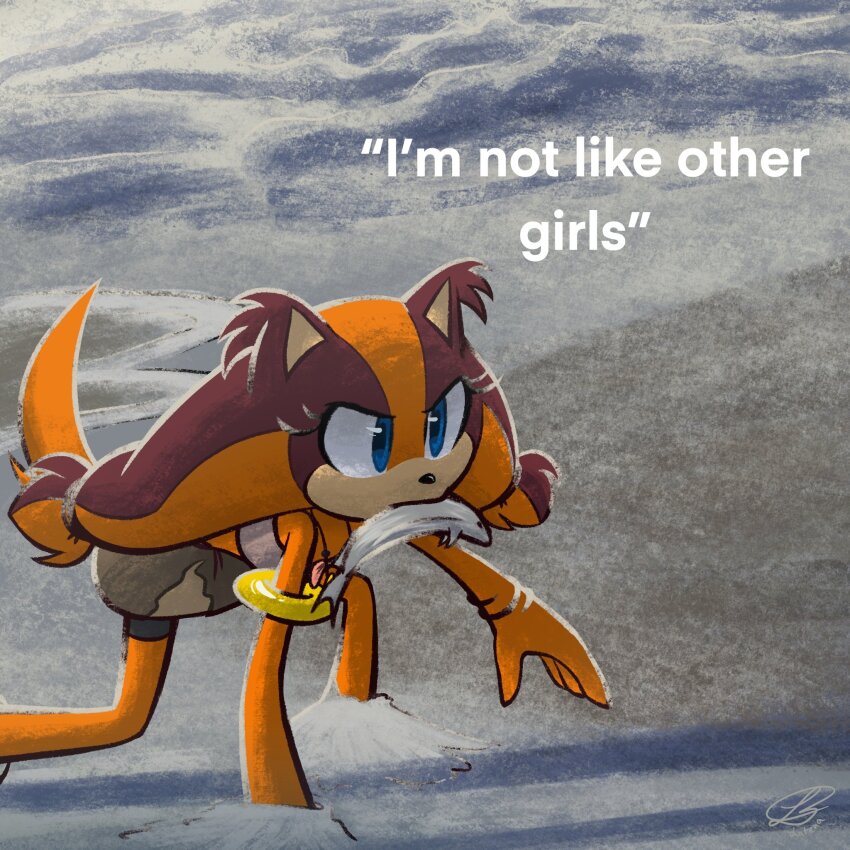 1girl animal_ears animal_nose armlet badger badger_ears badger_tail beach blue_eyes bracelet brown_fur commentary english_commentary english_text fish_in_mouth furry furry_female highres jewelry latena low_twintails necklace orange_fur sonic_(series) sonic_boom_(series) sticks_the_badger tail twintails