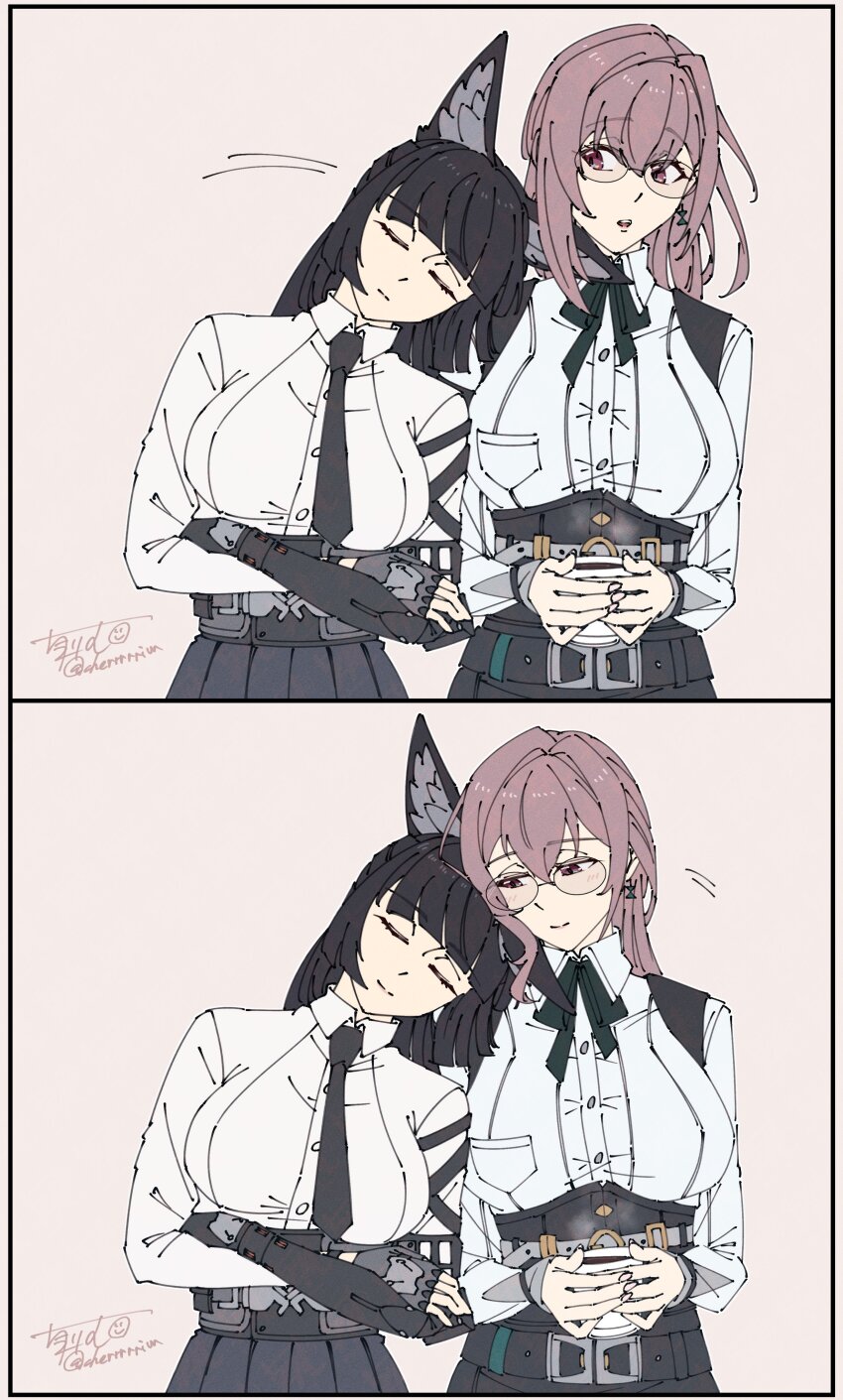 2girls absurdres animal_ear_fluff animal_ears artist_name black_gloves black_hair black_necktie black_skirt blunt_bangs blush breasts cherrrim closed_mouth crossed_arms dress_shirt earrings fingerless_gloves fox_ears gauntlets glasses gloves hair_between_eyes head_on_another&#039;s_shoulder high-waist_skirt highres hoshimi_miyabi jewelry large_breasts long_hair looking_at_another multiple_girls necktie open_mouth pencil_skirt pink_eyes pink_hair shirt sidelocks single_fingerless_glove skirt sleeping smile tsukishiro_yanagi upper_body white_shirt yuri zenless_zone_zero