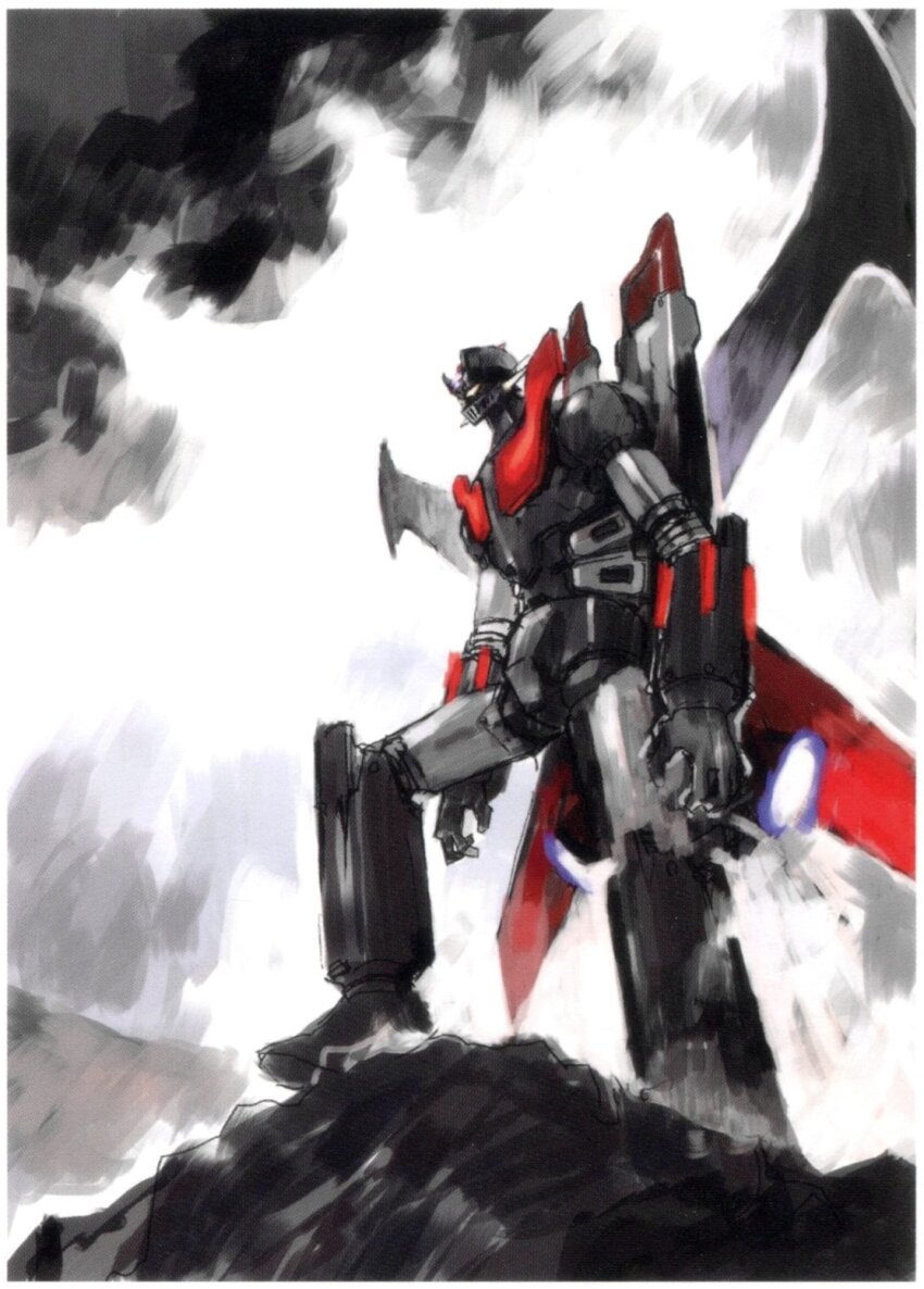 grendizer_u highres mazinger_(series) mazinger_x mecha mechanical_wings no_humans non-web_source robot sadamoto_yoshiyuki science_fiction simple_background standing super_robot ufo_robo_grendizer wings