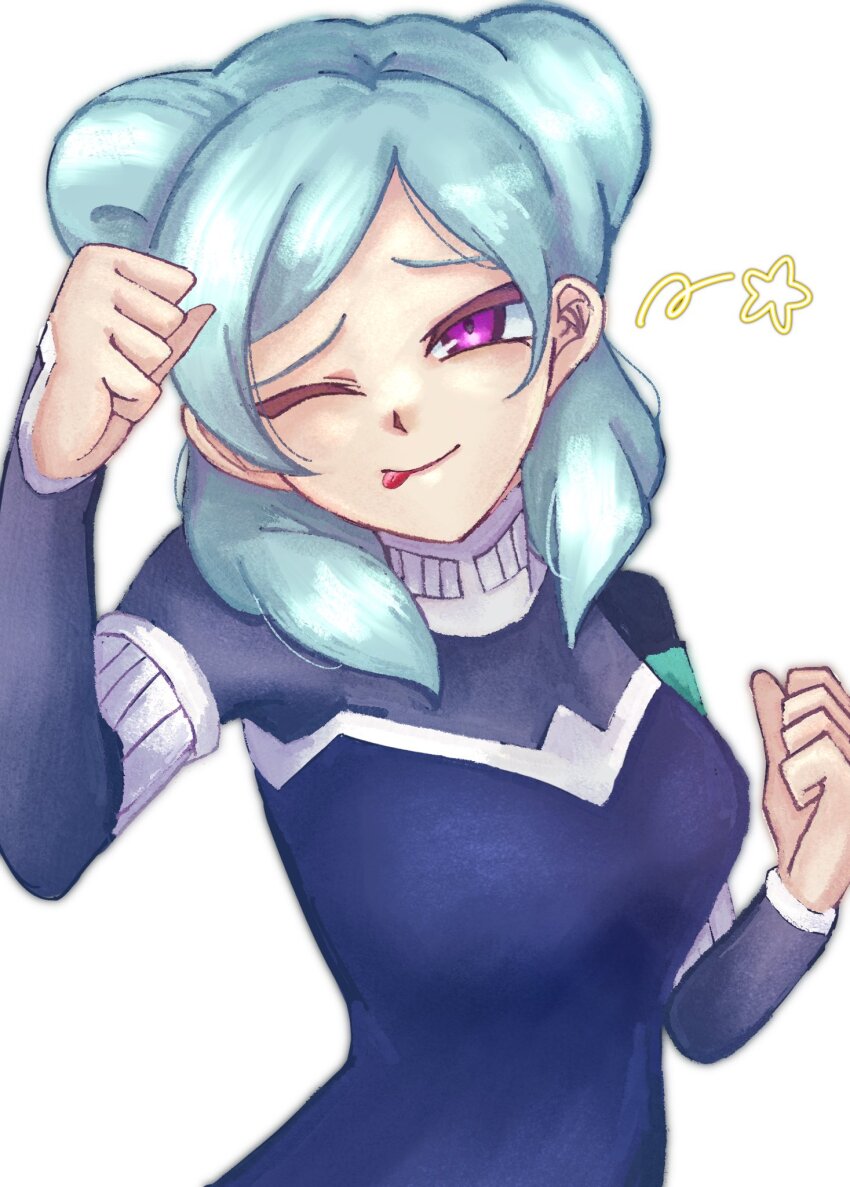 1girl ;p aqua_background aqua_hair beta_(inazuma_eleven) black_bodysuit bodysuit commentary double_bun hair_bun highres inazuma_eleven inazuma_eleven_(series) inazuma_eleven_go inazuma_eleven_go_chrono_stone light_blush looking_at_viewer omu_pen one_eye_closed pants protocol_omega purple_eyes smile solo star_(symbol) tongue tongue_out white_background