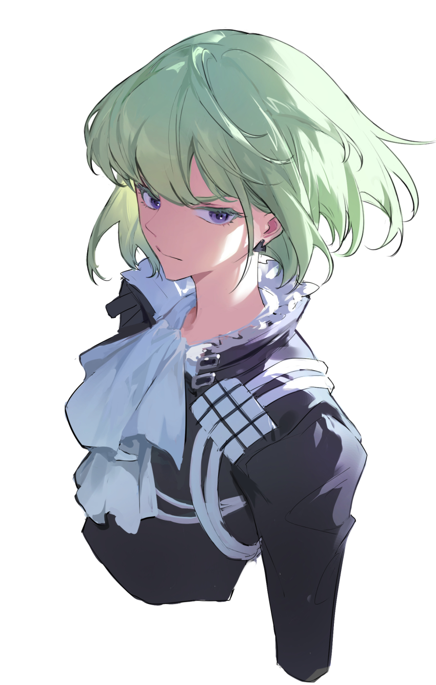 absurdres androgynous ascot black_jacket closed_mouth from_above green_hair highres jacket kurasamerukia lio_fotia long_sleeves male_focus promare purple_eyes short_hair sidelocks simple_background studded upper_body white_ascot white_background