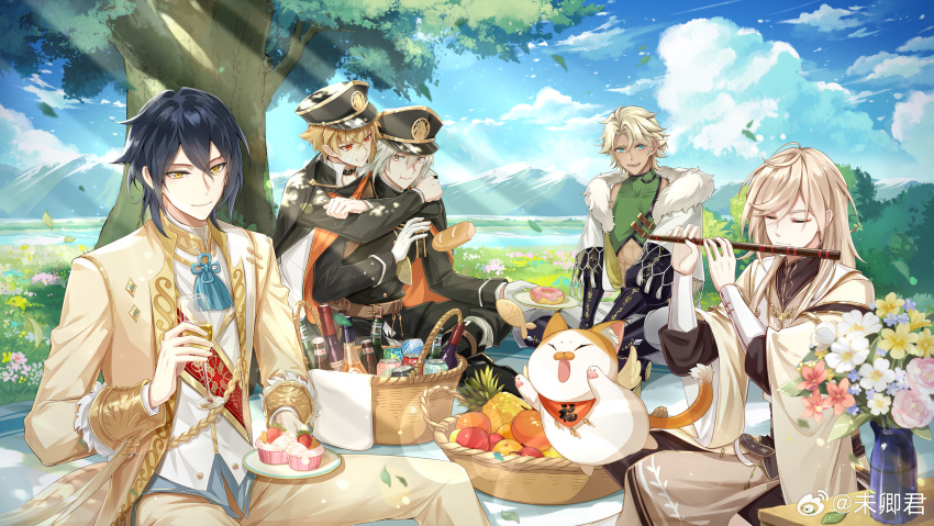 5boys :d :t abs aiguillette alcohol apple aqua_eyes basket belt belt_collar between_legs black_boots black_cloak black_hair black_hat black_jacket black_pants black_sash black_shirt black_sleeves blonde_hair blue_flower boots bottle bread brown_belt can capelet cat champagne champagne_flute chinese_clothes cloak closed_eyes closed_mouth cloud coat collar crop_top cup cupcake curtained_hair dappled_sunlight dark-skinned_male dark_skin day detached_sleeves dezhou_chicken_(the_tale_of_food) donut drink_can drinking_glass dropping eating feet_out_of_frame flower flower_knot flute food food_bite fruit fruit_basket fuli_chicken_(the_tale_of_food) fur-trimmed_capelet fur-trimmed_sleeves fur_trim gauze gauze_on_cheek gloves grass green_shirt grey_eyes grey_hair grin hair_between_eyes hand_between_legs hanfu harbin_fried_pork_(the_tale_of_food) hat highres holding holding_cup holding_flute holding_instrument holding_plate hug hug_from_behind indian_style instrument jacket jewelry key knee_boots lamb_paomo_(the_tale_of_food) lapels layered_sleeves lens_flare long_hair long_sleeves looking_at_another looking_at_viewer lu_wu_(the_tale_of_food) male_focus mandarin_orange midriff mountainous_horizon multiple_boys music neck_tassel official_art open_clothes open_coat open_collar open_jacket open_mouth orange_cloak orange_eyes outdoors pants peaked_cap pendant picnic picnic_basket picnic_blanket picnic_table pineapple pink_flower pink_rose plate playing_instrument popped_collar red_flower robe rose sash shirt short_hair shoulder_sash sitting sleeve_cuffs sleeveless sleeveless_shirt smile soda_can strawberry sunlight swept_bangs table tassel the_tale_of_food tree two-sided_cloak two-sided_fabric vase watermark wei_qing_jun weibo_watermark white_capelet white_flower white_gloves white_pants white_shirt wide_sleeves wine_bottle yangzhou_fried_rice_(the_tale_of_food) yellow_coat yellow_eyes yellow_flower yellow_pants yellow_robe