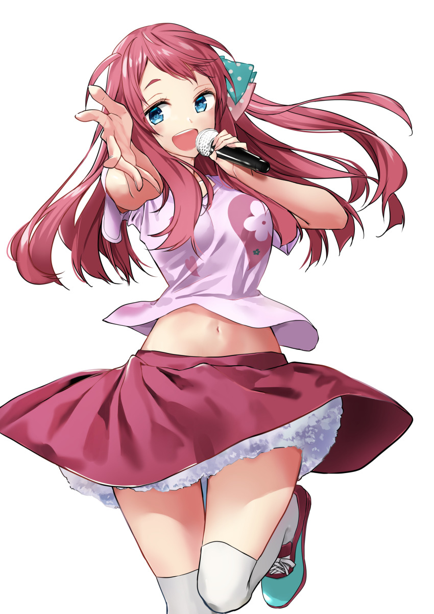 1girl absurdres ahoge blue_eyes bow breasts fujisaki_ribbon highres large_breasts long_hair microphone midriff minamoto_sakura miniskirt navel open_mouth polka_dot polka_dot_bow red_hair ribbon shirt shoes side_ponytail skirt t-shirt thighhighs zombie_land_saga